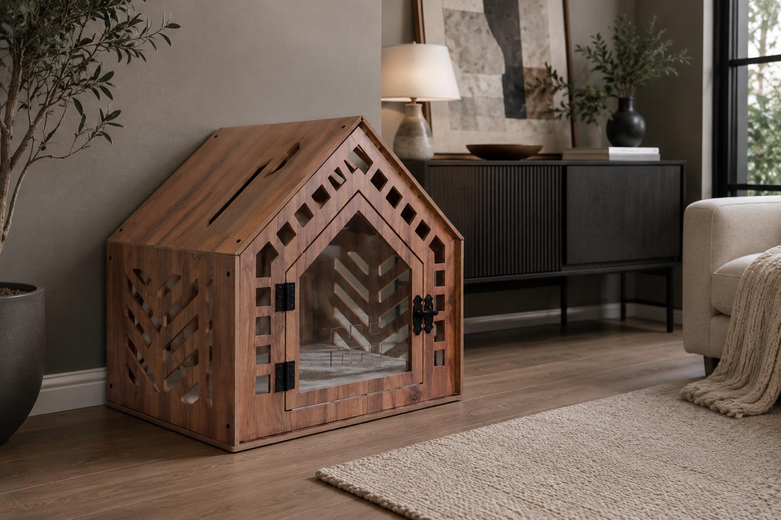 Chevron Walnut Dog House - walnut indoor dog crate furniture, front view